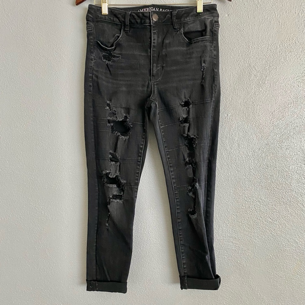 American Eagle High Rise Jegging Womens Size 12 Stretchy Black Distressed